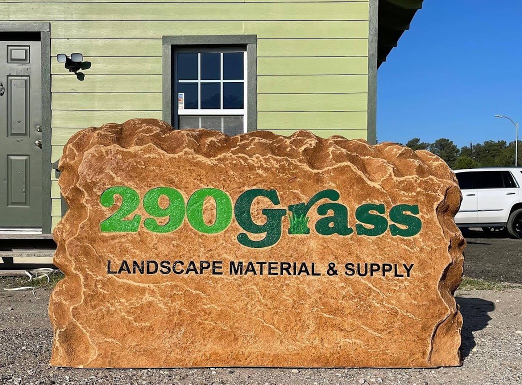 Custom commercial sign made of engineered stone in Houston by Bedrock Boulders.