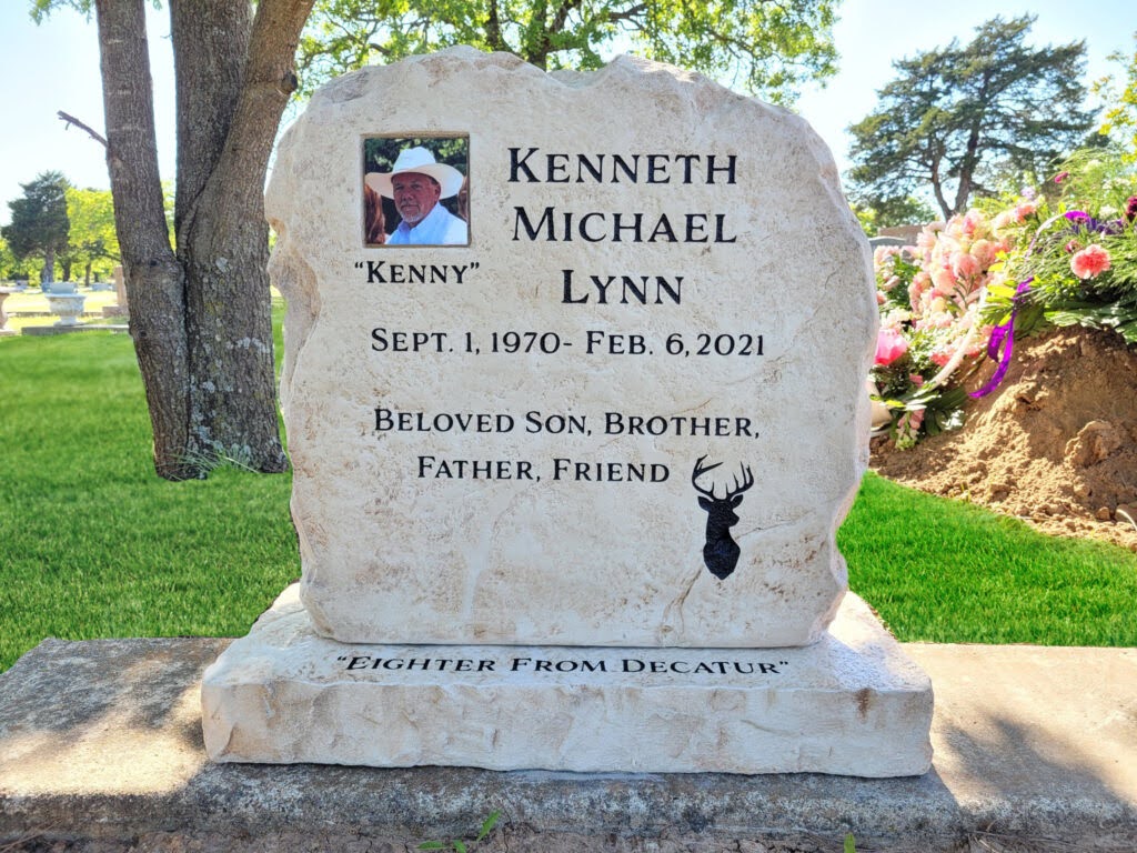 Custom headstone made of engineered stone in Houston by Bedrock Boulders.