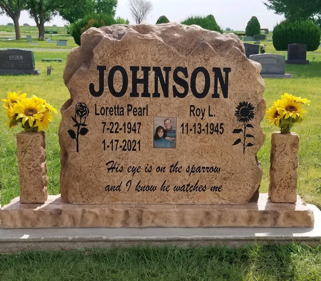 Custom headstone made of engineered stone in Houston by Bedrock Boulders.