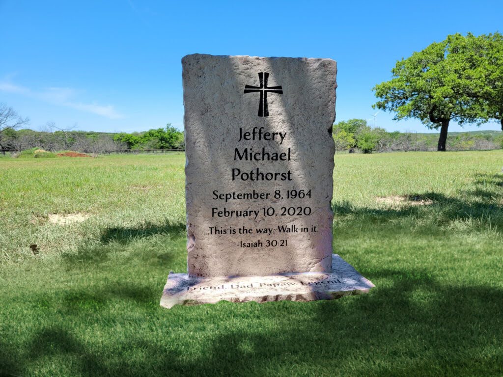 Custom headstone made of engineered stone in Houston by Bedrock Boulders