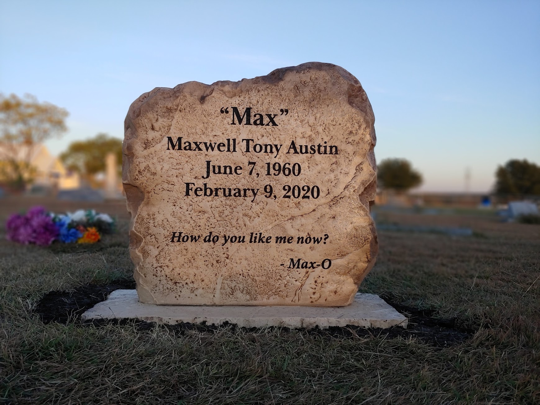 Custom headstone made of engineered stone in Houston by Bedrock Boulders