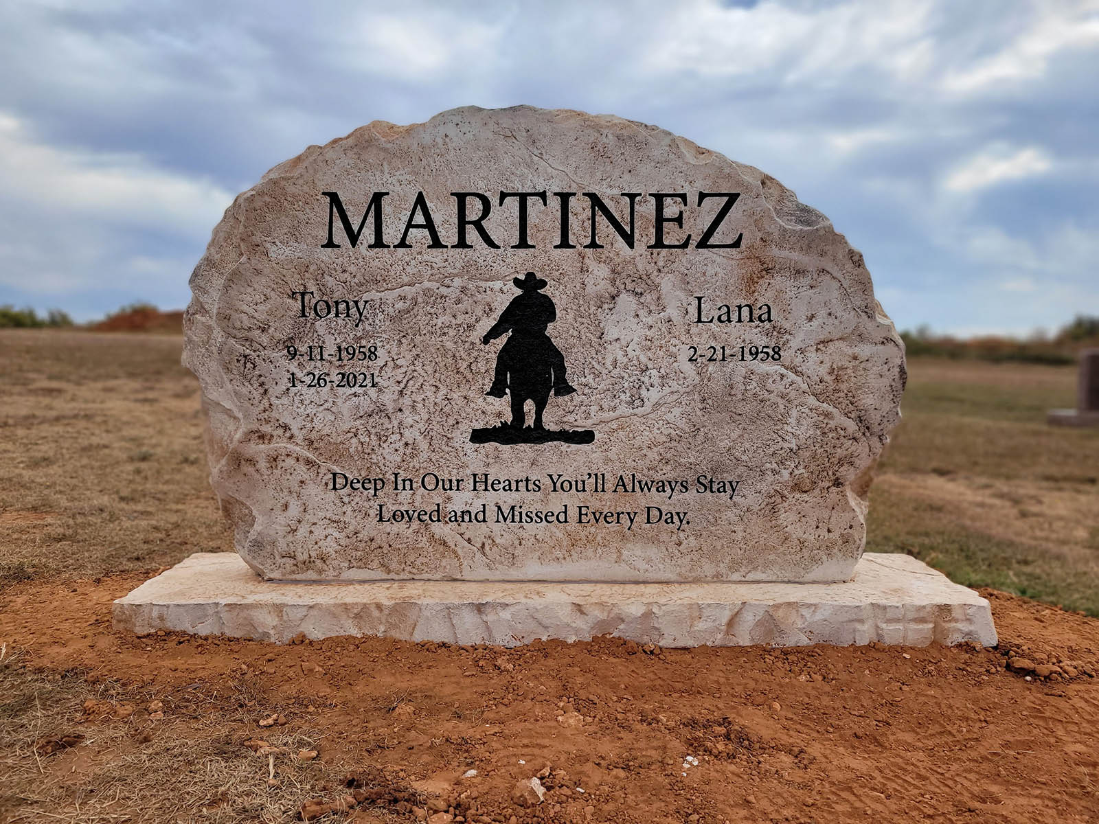 Custom headstone made of engineered stone in Houston by Bedrock Boulders