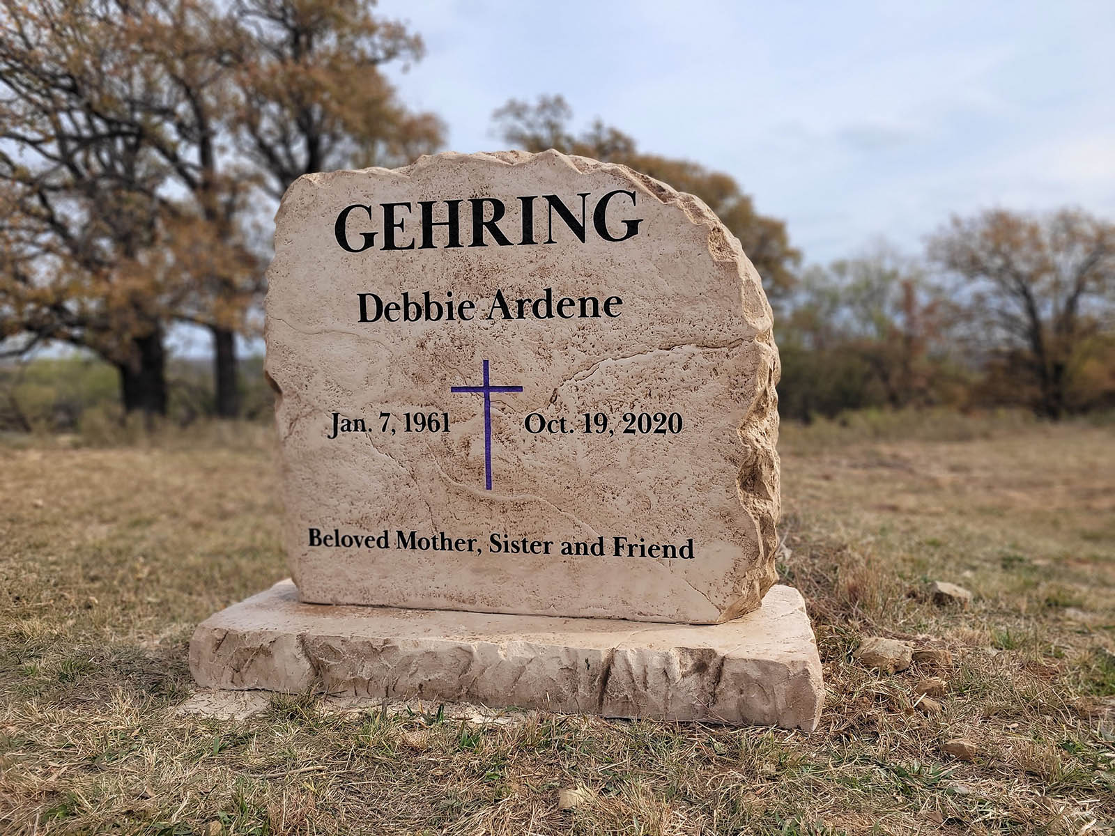 Custom headstone made of engineered stone in Houston by Bedrock Boulders