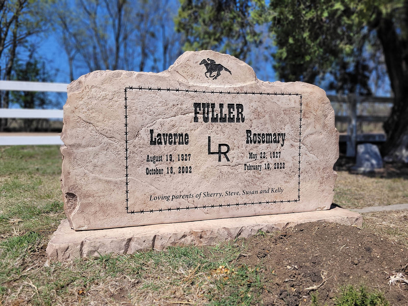 Custom headstone made of engineered stone in Houston by Bedrock Boulders