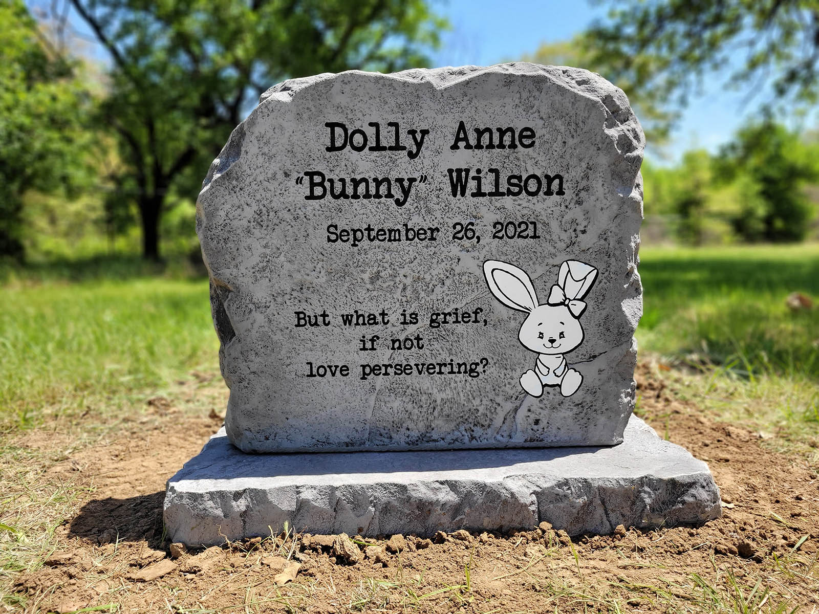Custom headstone made of engineered stone in Houston by Bedrock Boulders
