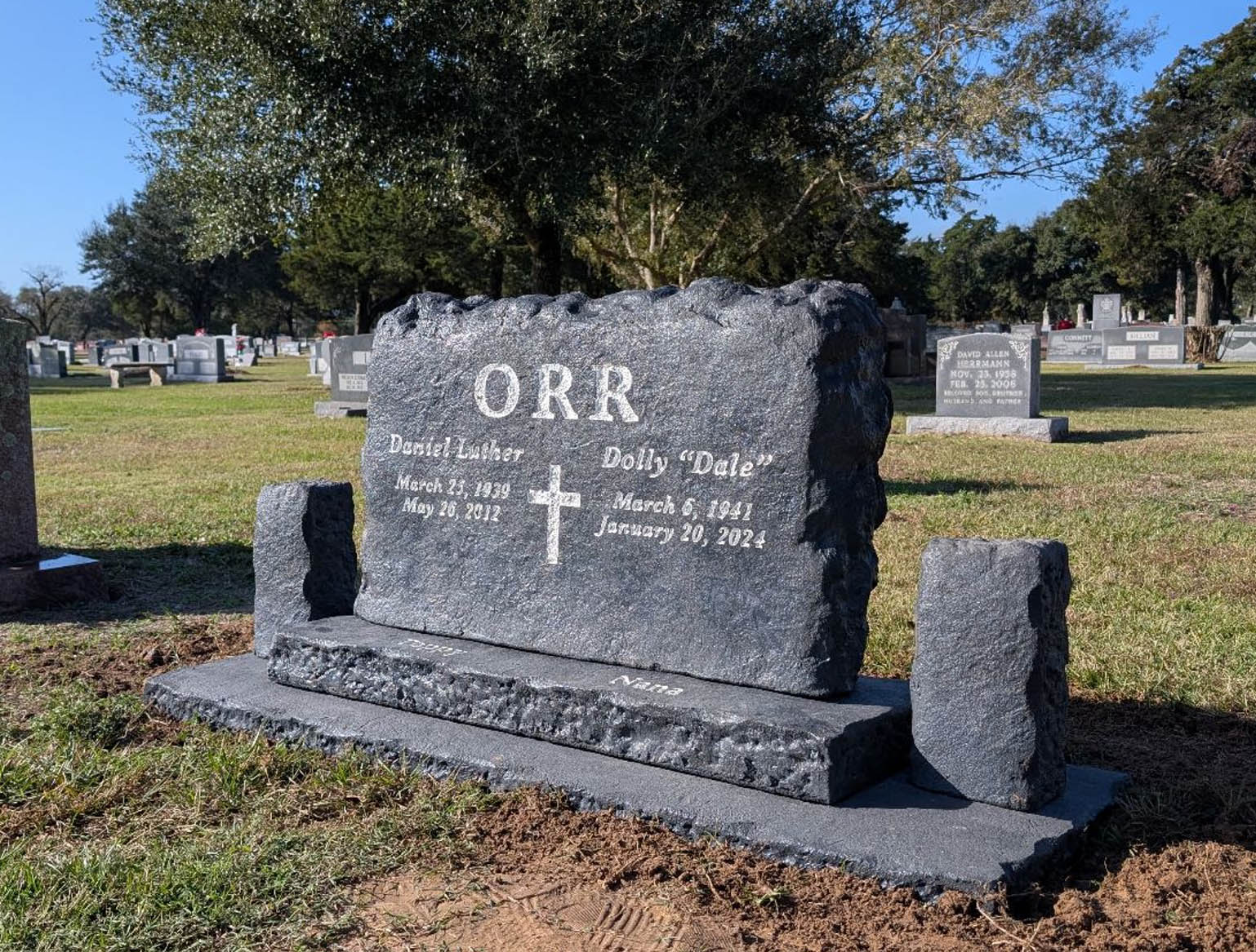 Custom headstone made of engineered stone in Houston by Bedrock Boulders