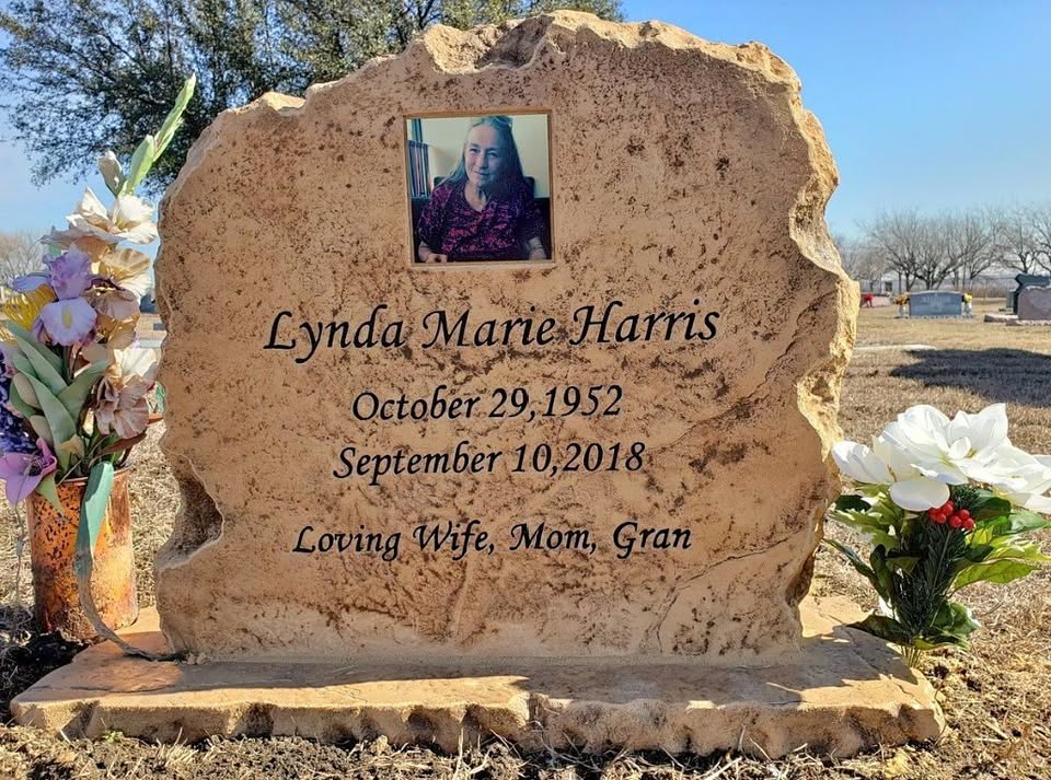 Custom headstone made of engineered stone in Houston by Bedrock Boulders.