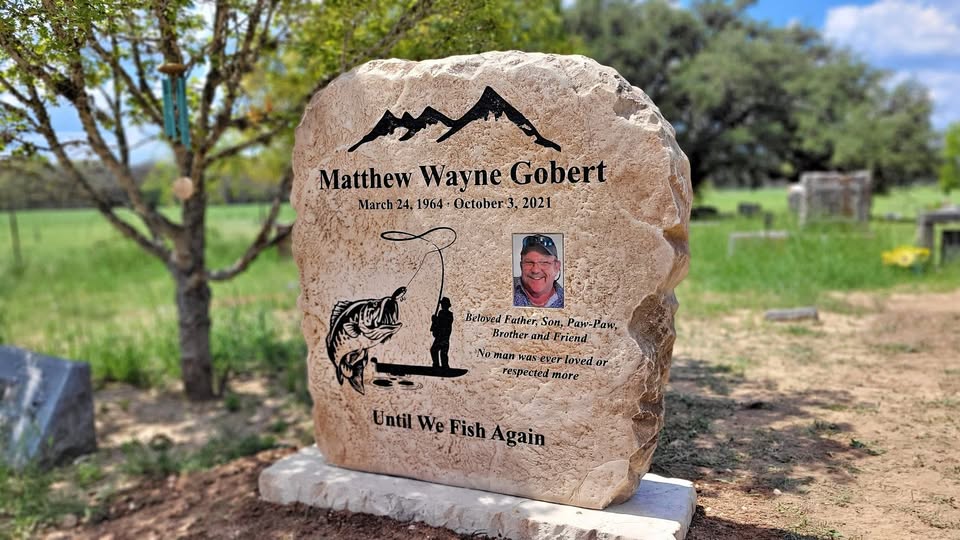 Custom headstone made of engineered stone in Houston by Bedrock Boulders.