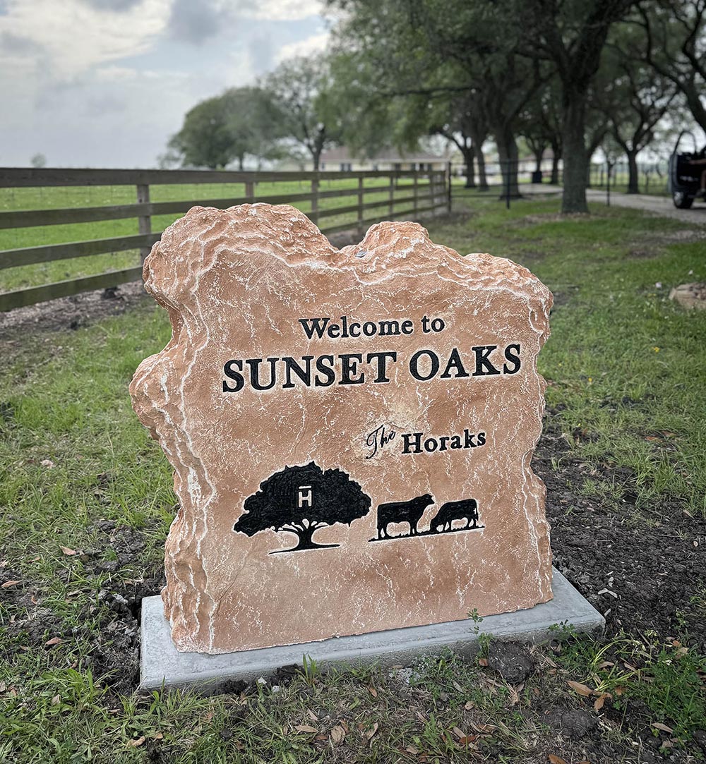 Custom ranch sign made of engineered stone in Houston by Bedrock Boulders