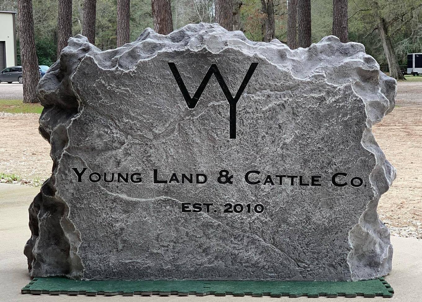 Custom ranch sign made of engineered stone in Houston by Bedrock Boulders