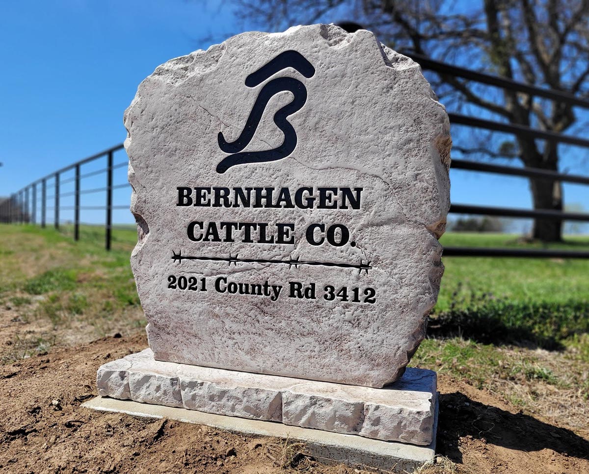 Custom ranch sign made of engineered stone in Houston by Bedrock Boulders