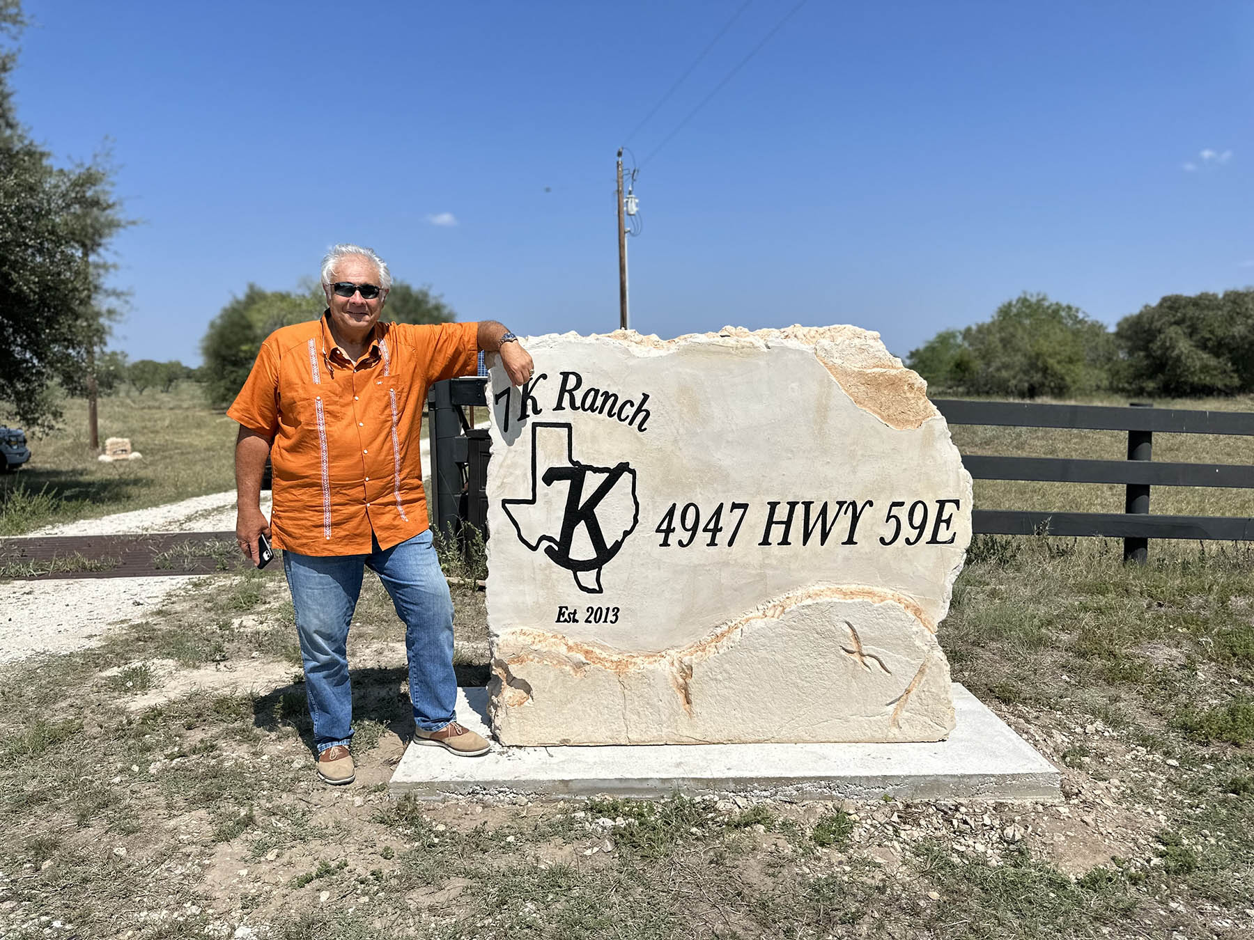 Custom ranch sign made of engineered stone in Houston by Bedrock Boulders