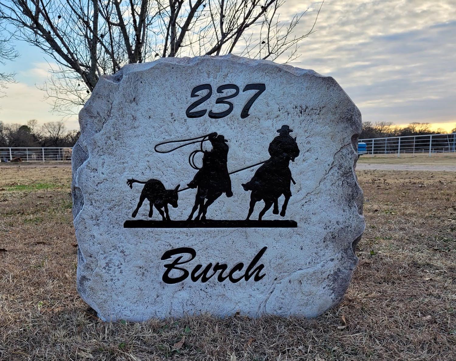 Custom ranch sign made of engineered stone in Houston by Bedrock Boulders