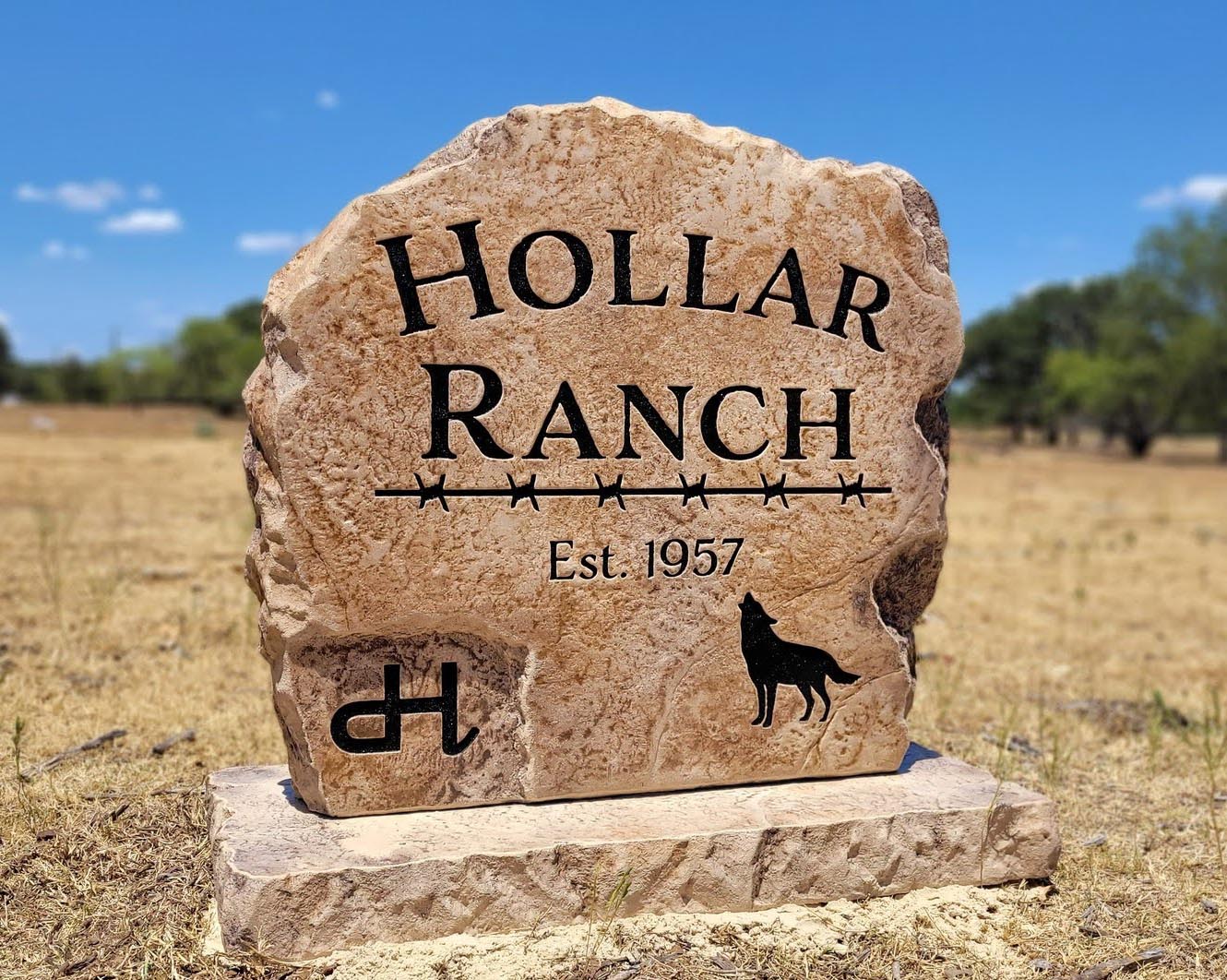 Custom ranch sign made of engineered stone in Houston by Bedrock Boulders